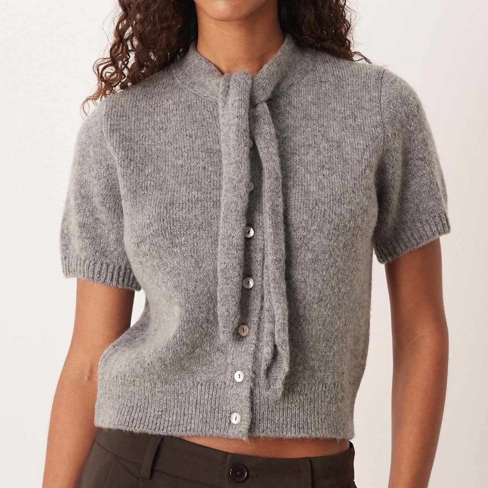Mango Gray Short-Sleeve Tie-Neck Cardigan
